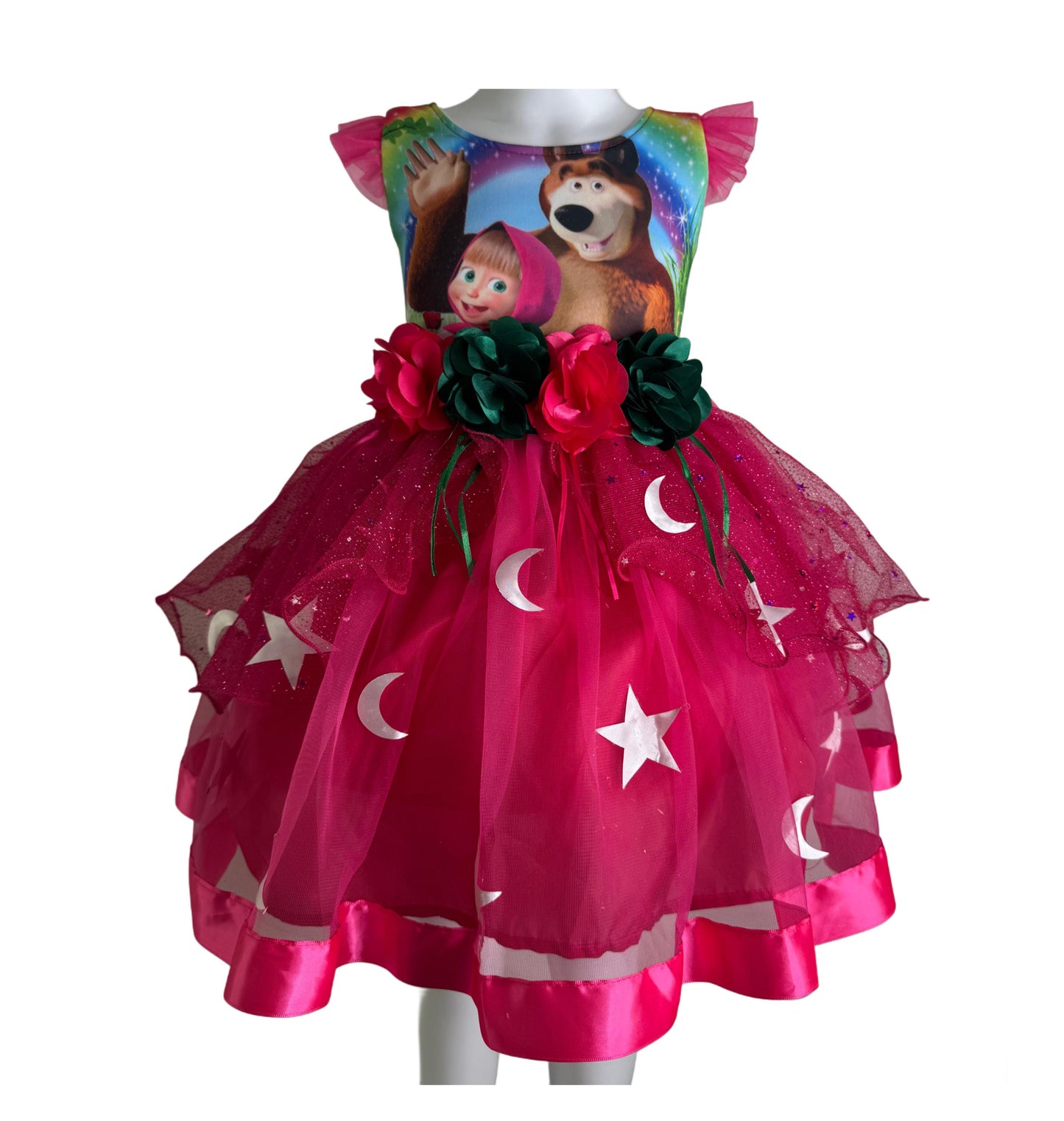 Masha and the Bear Birthday Dress: Pink Tulle Stars & Moons + Headband