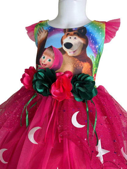 Masha and the Bear Birthday Dress: Pink Tulle Stars & Moons + Headband