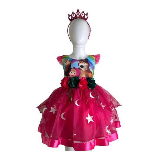 Masha and the Bear Birthday Dress: Pink Tulle Stars & Moons + Headband